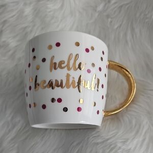 Slant Hello Beautiful Gold and Pink Polka Dot Mug